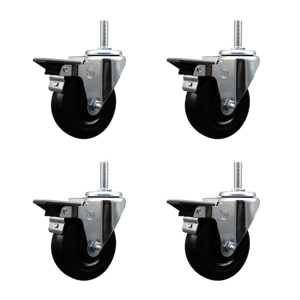 4 Inch Hard Rubber Wheel Swivel 58 Inch Threaded Stem Caster Set with Brake SCC